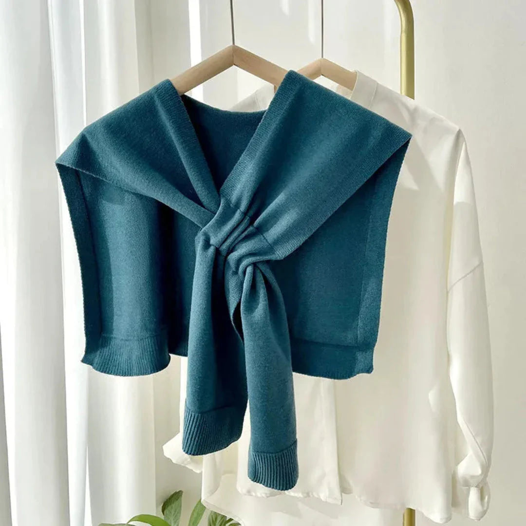 Olga preppy ivory knit shawl with elegant tie-front drape for effortless layering