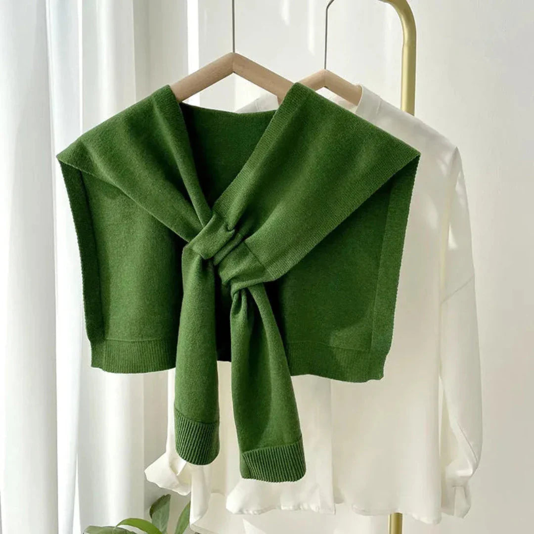 Ivory preppy knit shawl with tie-front drape, soft stretch fabric for elegant layering