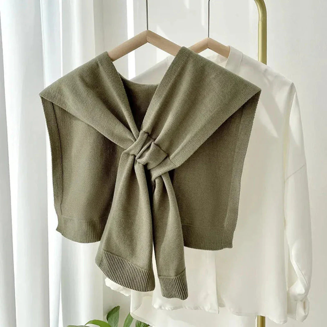 Olga preppy ivory knit shawl with elegant tie-front drape for versatile layering