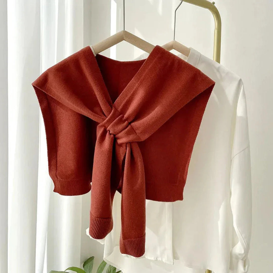 Ivory preppy knit shawl with draped tie-front design in soft premium stretch fabric