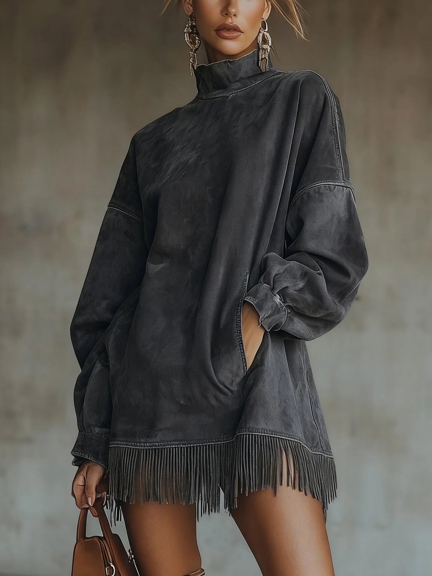 Beige suede-like fringe dress with flowing silhouette and chic delicate fringe detailing for effortless style