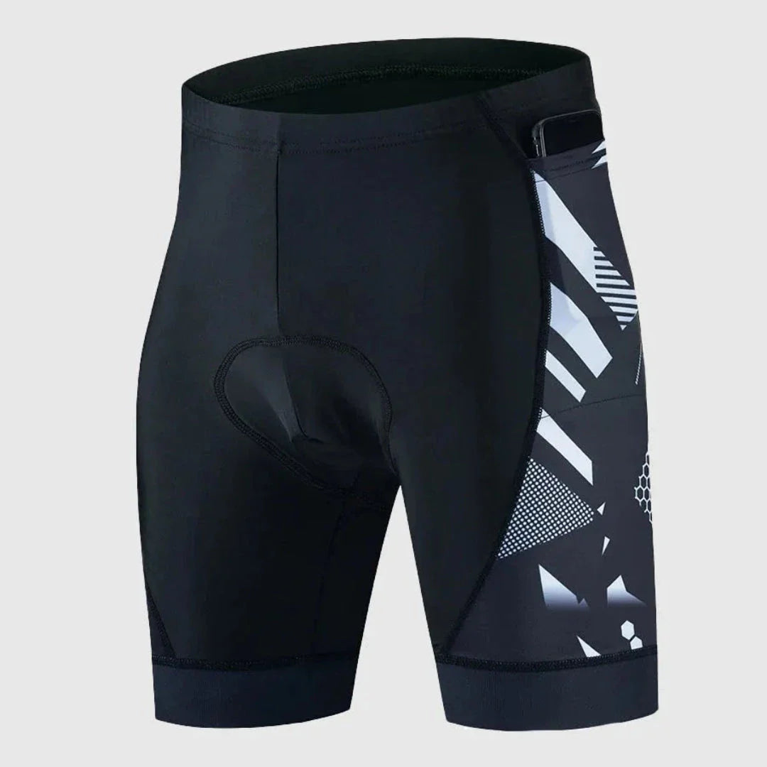 Black padded supportive cycling shorts with quick-dry breathable fabric and UV protection
