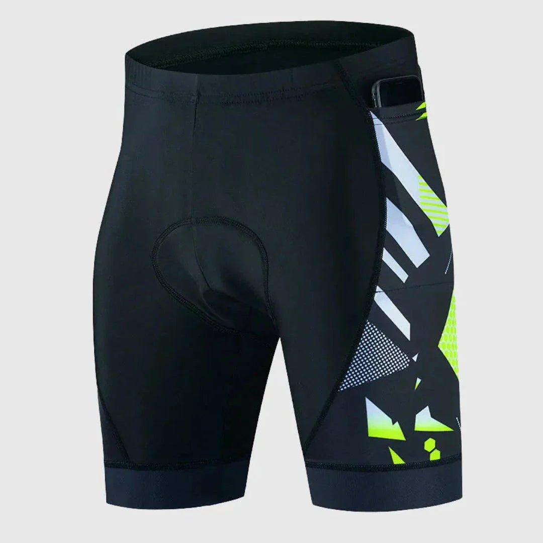 Black padded supportive cycling shorts with quick-dry breathable fabric and UV protection for men