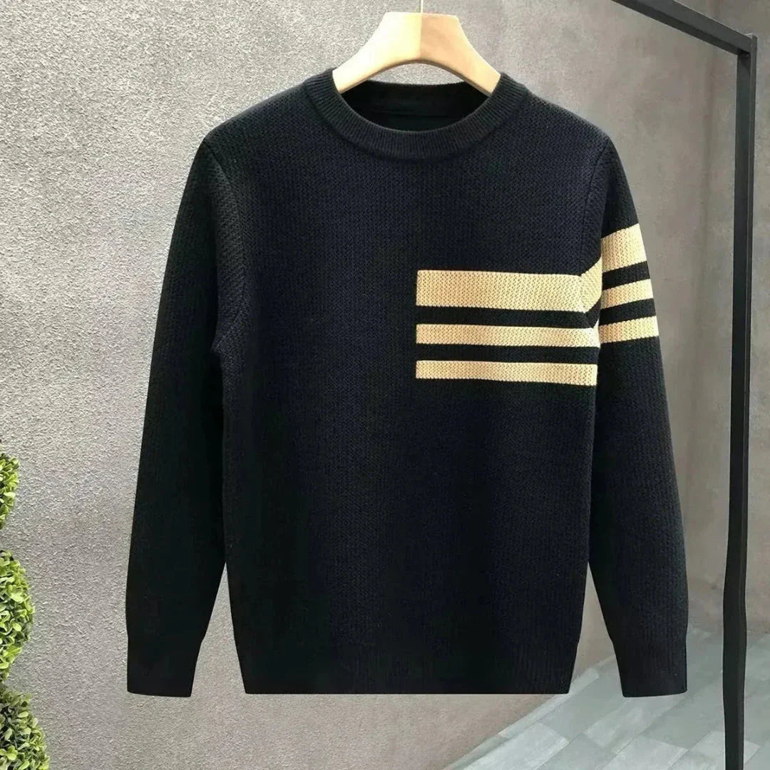 Navy and white striped crewneck pullover with contrasting chest and sleeve stripe detail, modern slim fit