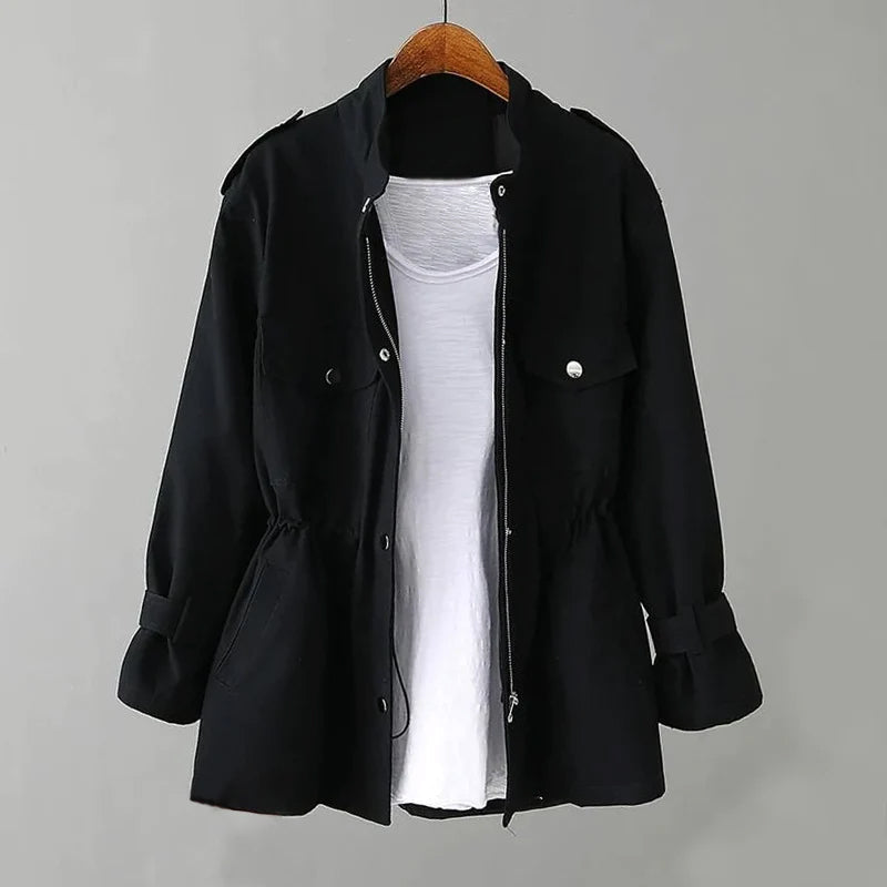 Women's green cotton jacket drawstring waist elegant slim-fit outerwear versatile all-season comfort
