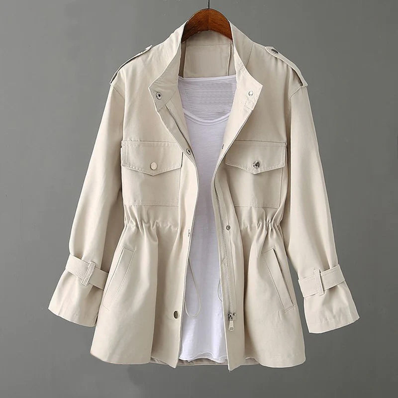 Women's green cotton jacket drawstring waist elegant slim-fit outerwear versatile all-season comfort