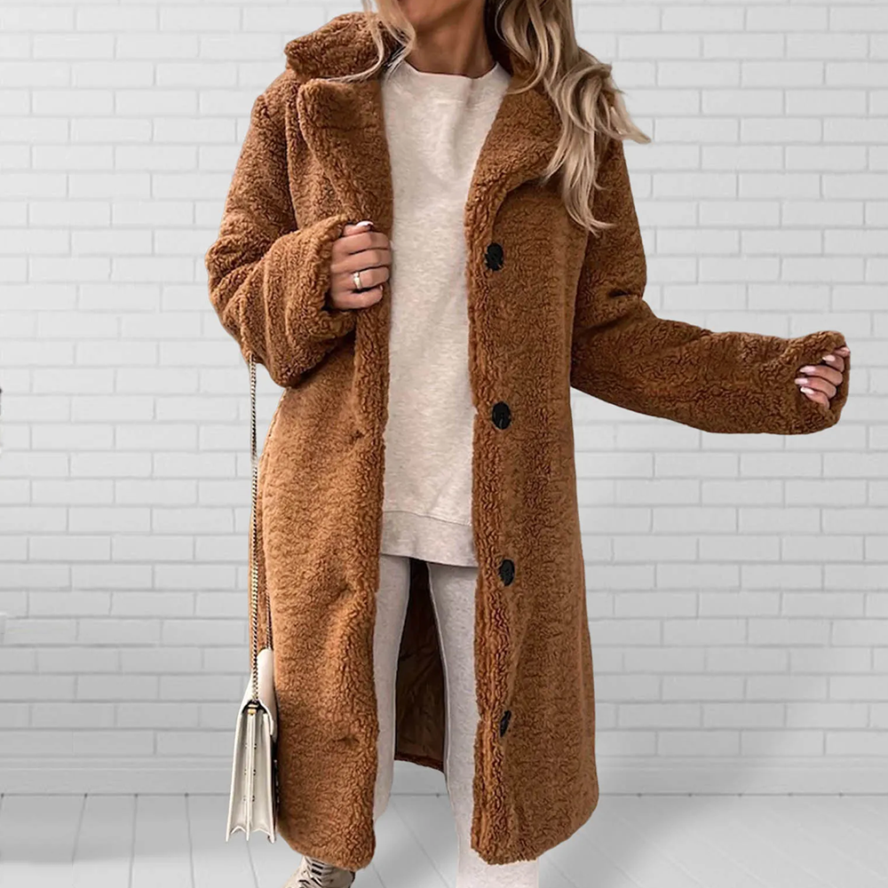 Sophie plush teddy coat long faux shearling-style unisex winter outerwear in cozy warm neutral tones