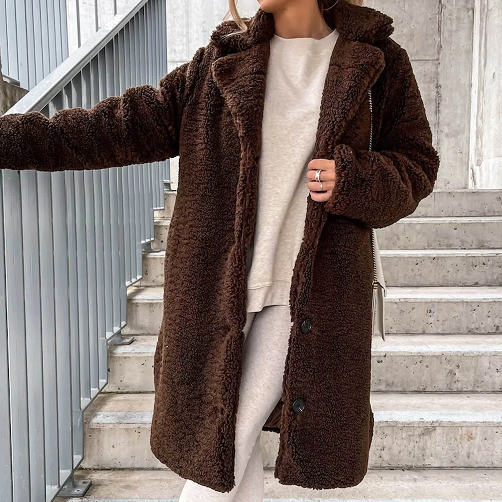 Sophie plush teddy coat long faux shearling-style unisex winter outerwear in cozy warm polyester blend