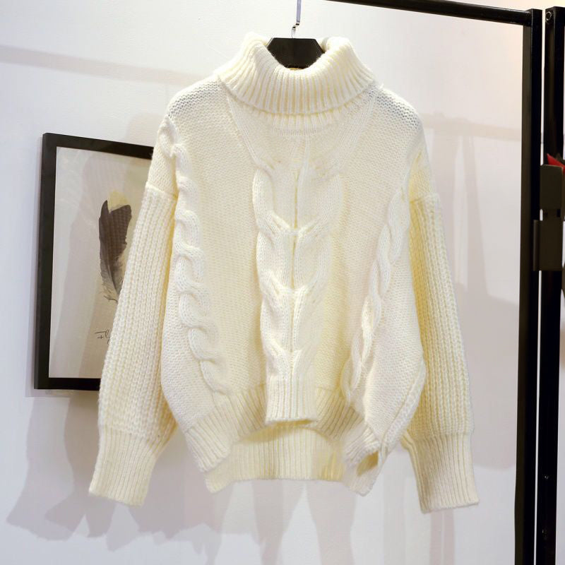 Sophie thick cable knit turtleneck sweater wool blend unisex winter pullover with high roll-neck