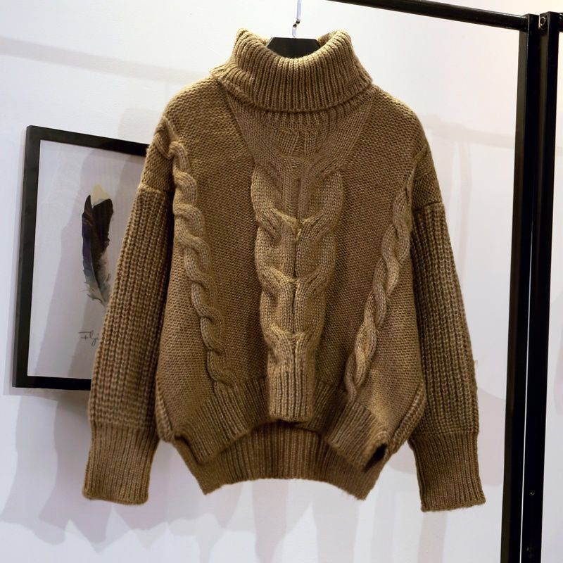 Sophie thick cable knit turtleneck sweater wool blend unisex winter pullover with high roll-neck