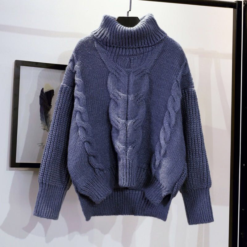 Sophie thick cable knit turtleneck sweater wool blend unisex winter pullover with high roll-neck