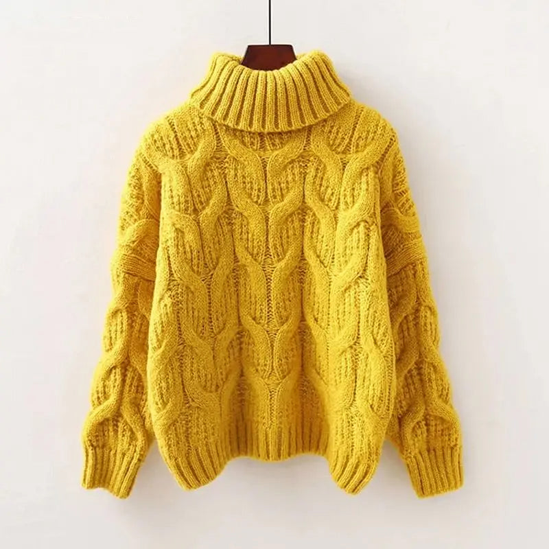 Sophie thick cable knit turtleneck sweater wool blend unisex winter pullover with high roll-neck