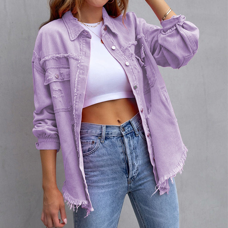 Distressed denim jacket relaxed fit frayed hem vintage-inspired style for bold effortless fashion