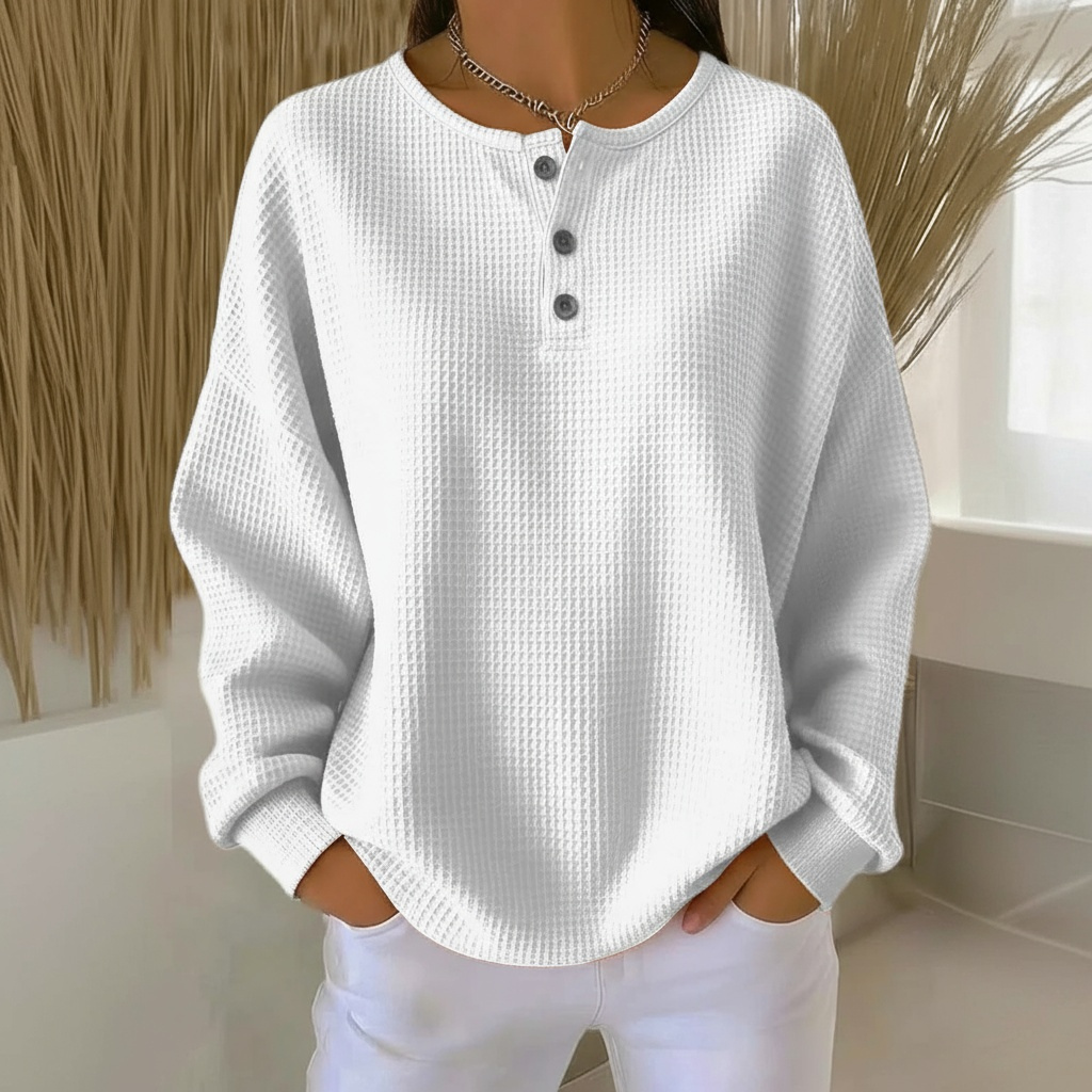 Cozy waffle-knit relaxed-fit sweater in neutral tones with textured pattern for all-day comfort