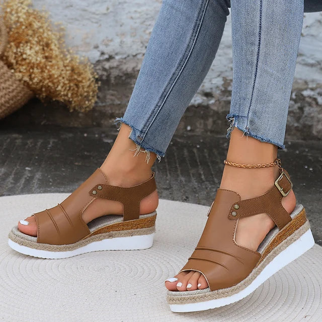 Women's open toe wedge sandals with adjustable buckle strap, cushioned sole, casual summer style