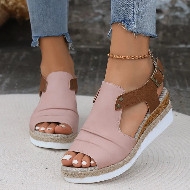Women's open toe wedge sandals with adjustable buckle strap, cushioned sole, casual summer style