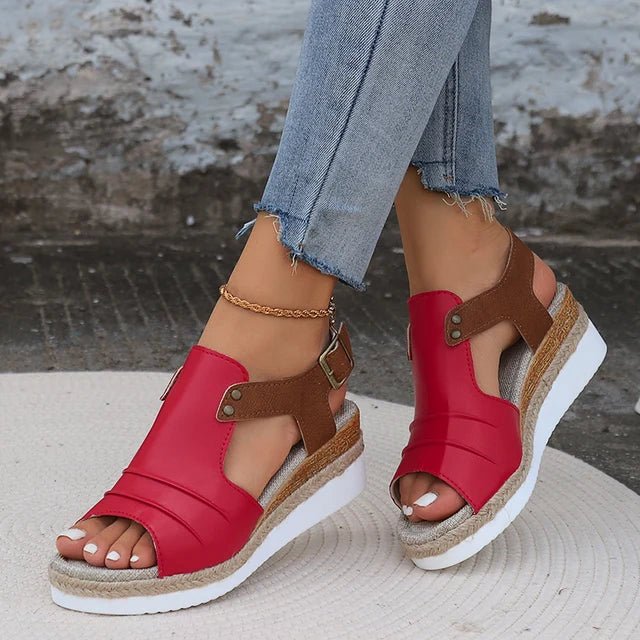 Women's open toe wedge sandals with adjustable buckle strap, cushioned sole, casual summer style