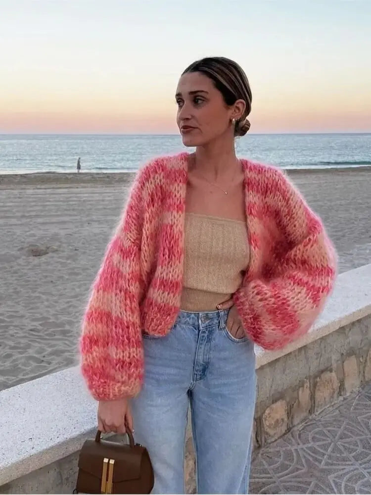 Women's colorful open-front knit cardigan cozy long-sleeve sweater for bright autumn outfits