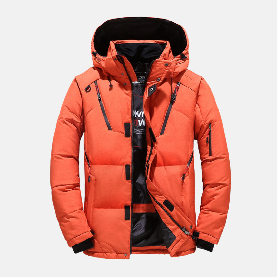 Men's black quilted insulated hooded jacket relaxed hip-length fit lightweight padded winter coat
