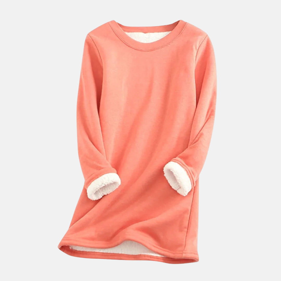 Women's plush-lined knit sweatshirt relaxed fit crew neck tunic length straight silhouette