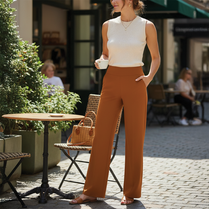 Julie wide-leg high-rise trousers with sleek front panel, relaxed silhouette for casual or professional wear