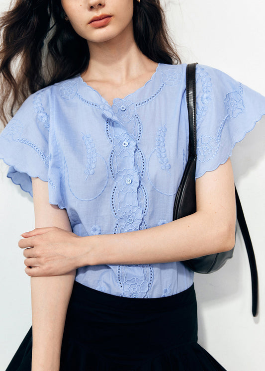 Chemises en coton bio bleu brodé à manches papillon - Wavlynn