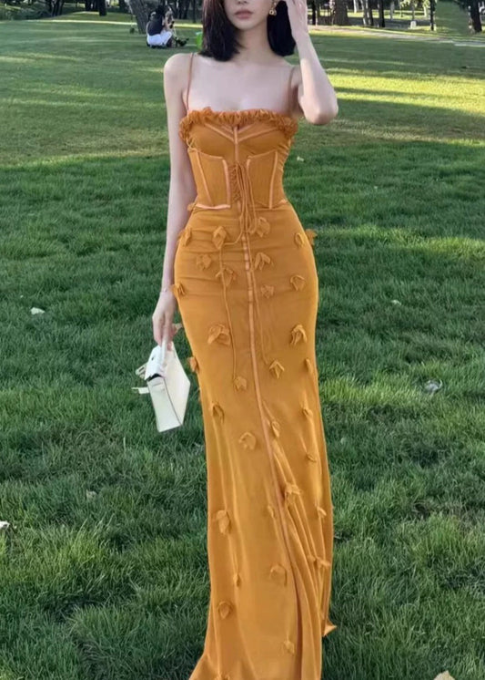 Robe longue en tulle bio jaune à volants et patchwork floral sans manches - Wavlynn