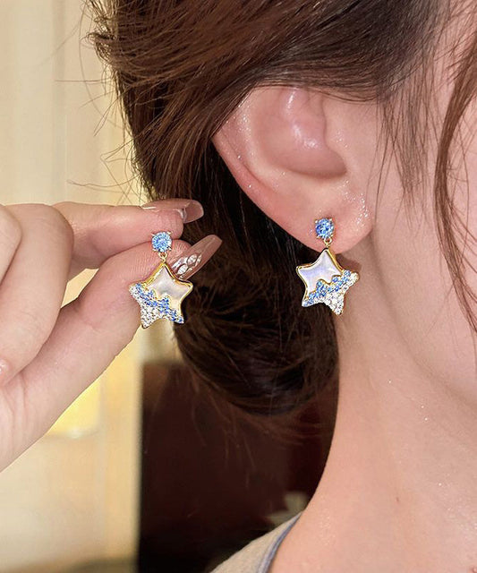 Boucles d'oreilles originales en alliage de cuivre bleu, zircon et résine en forme d'étoile - Wavlynn