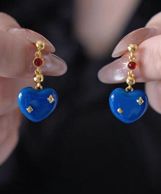 Boucles d'oreilles pendantes en alliage de cuivre bleu émaillé effet coulant, design original - Wavlynn