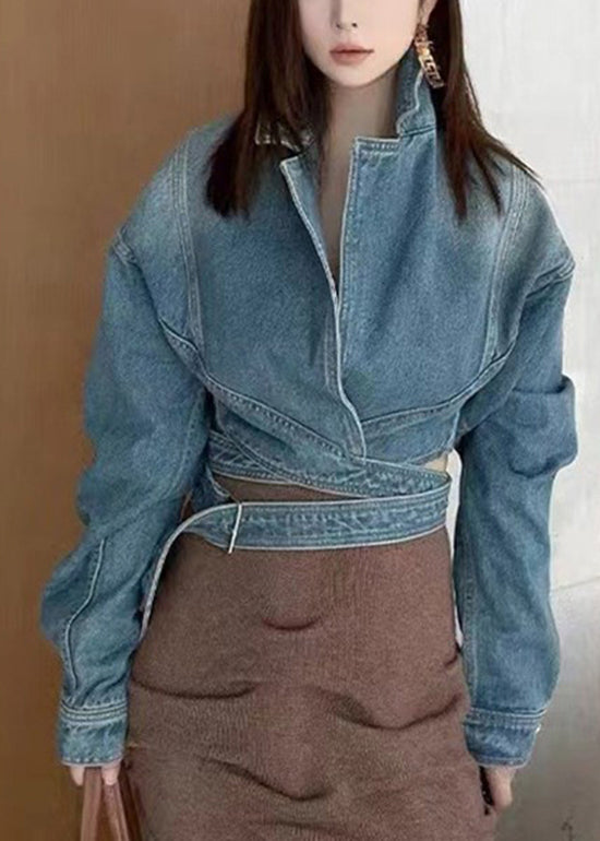Manteau court en jean bleu patchwork original à manches chauve-souris - Wavlynn