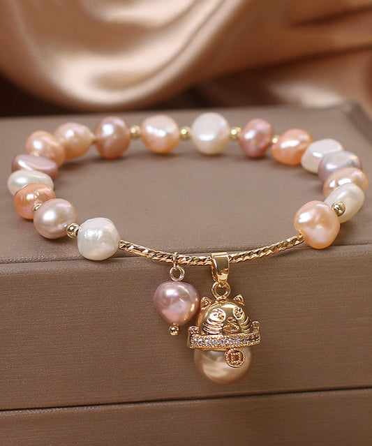 Bracelet à breloques et pompon en forme de chat porte-bonheur avec perles en cuivre champagne et surdoré, design original - Wavlynn