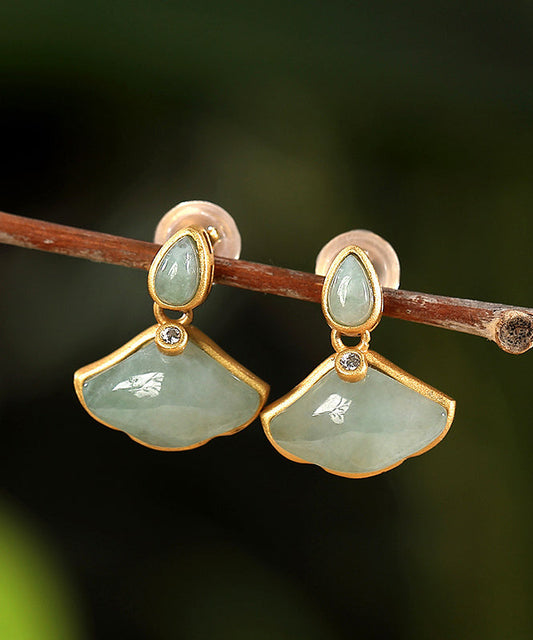 Boucles d'oreilles à tige en argent sterling cyan avec feuille de ginkgo et zircone surdoré au design original - Wavlynn