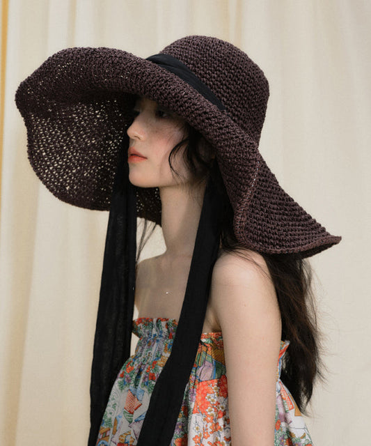Chapeau de soleil respirant à large bord violet foncé au design original pour les vacances à la plage - Wavlynn