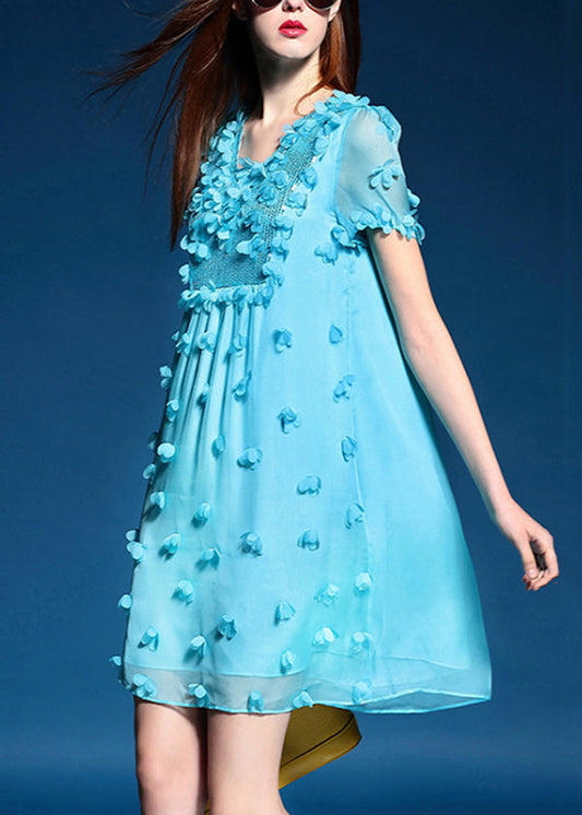Robe d'été en mousseline de soie bleue à paillettes florales au design original - Wavlynn