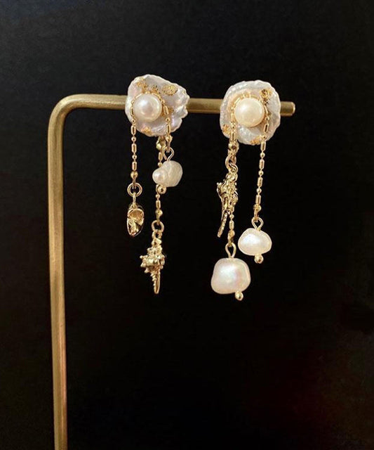 Boucles d'oreilles pendantes originales en alliage de cuivre doré et perles de conque - Wavlynn