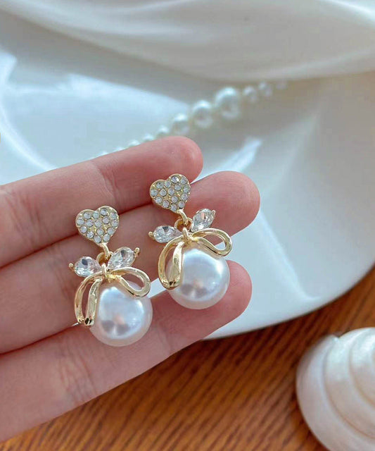Boucles d'oreilles à tige originales en alliage de cuivre doré et zircon avec perles - Wavlynn