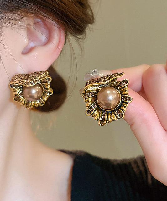 Boucles d'oreilles à tige en alliage de cuivre doré et perles de zircon au design original - Wavlynn