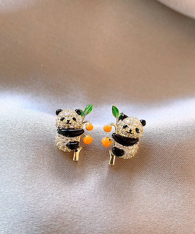 Boucles d'oreilles à tige en forme de panda kaki et zircon doré au design original - Wavlynn