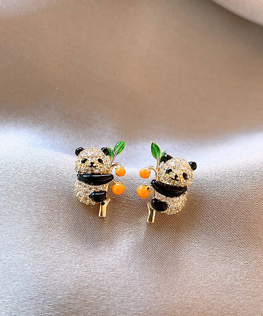 Boucles d'oreilles à tige en forme de panda kaki et zircon doré au design original - Wavlynn