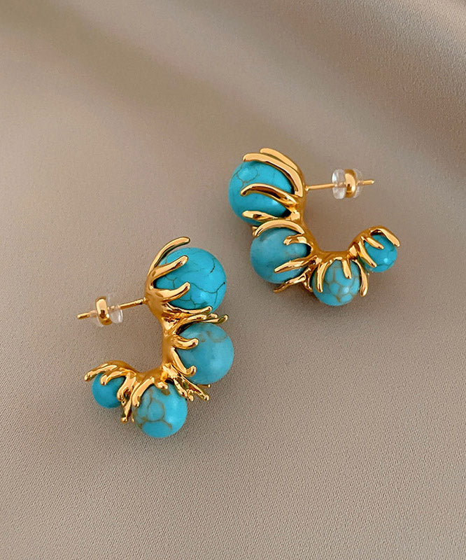 Boucles d'oreilles créoles originales en perles turquoise et cuivre doré - Wavlynn