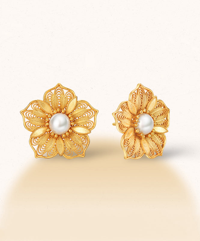 Boucles d'oreilles à tige ajourées en argent sterling doré et perle au design original - Wavlynn
