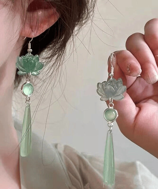Boucles d'oreilles pendantes en argent sterling vert clair avec pierre œil de chat au design original - Wavlynn