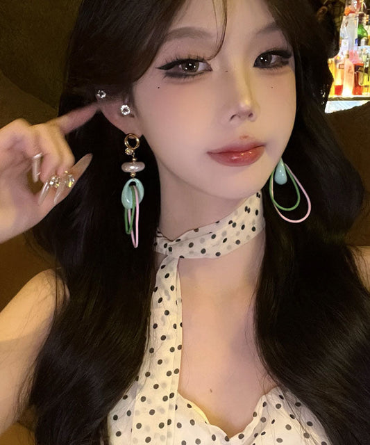 Boucles d'oreilles pendantes originales en alliage de cuivre arc-en-ciel avec perles - Wavlynn