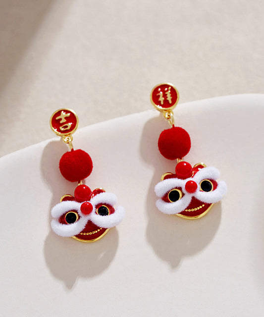 Boucles d'oreilles pendantes en velours de soie et cuivre rouge orange de conception originale Lion Dance - Wavlynn