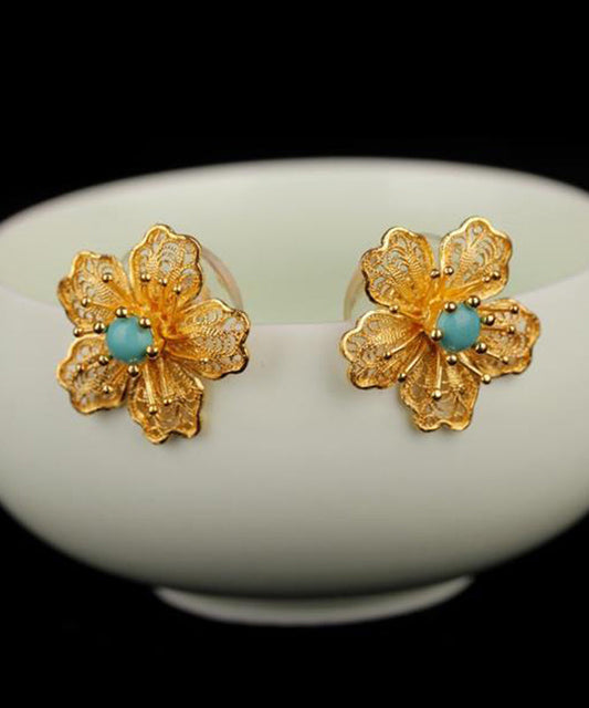 Boucles d'oreilles originales en argent sterling avec turquoise surdorée bleue - Wavlynn