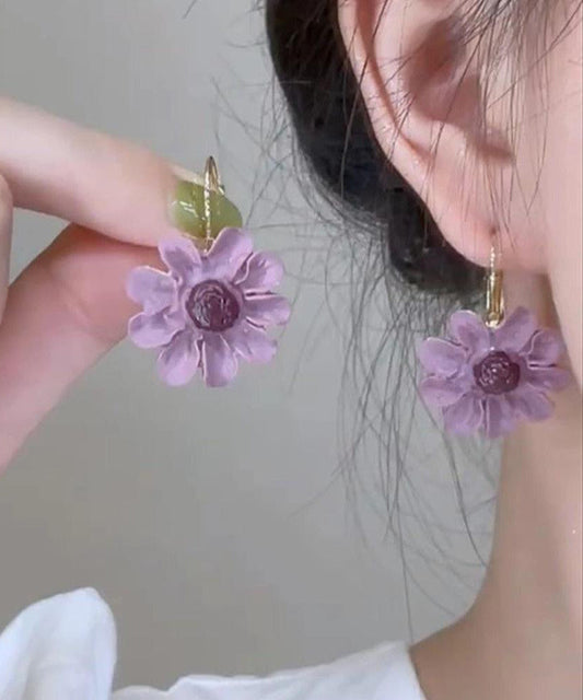 Boucles d'oreilles pendantes florales originales en cuivre violet surdoré - Wavlynn