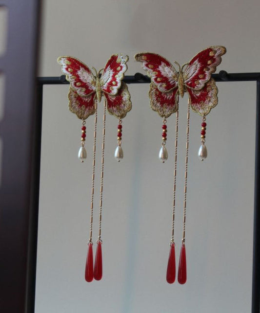 Épingle à cheveux originale en argent sterling rouge doré à broderie papillon et pompon - Wavlynn