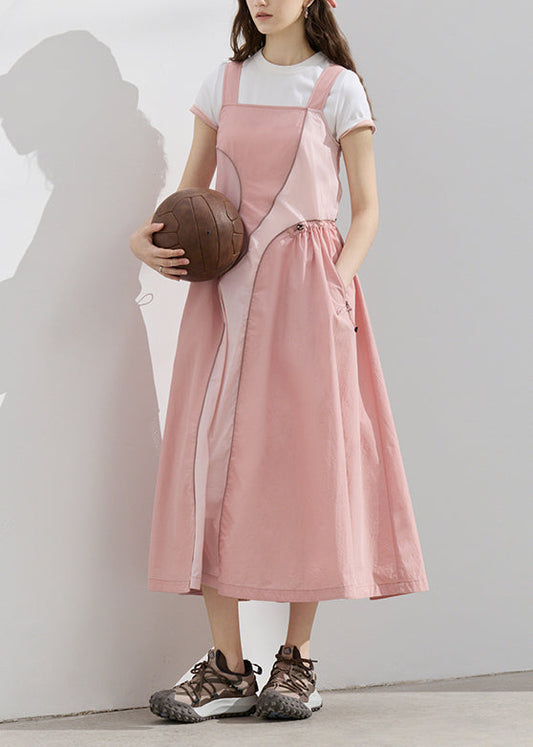 Robe d'été originale rose à bretelles et cordon de serrage asymétrique en patchwork - Wavlynn