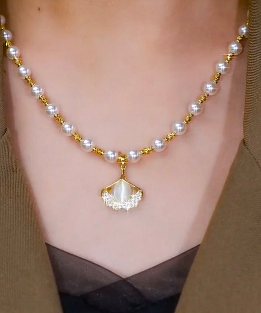 Collier original avec pendentif en alliage de cuivre blanc, pierre œil de chat, perle et zircon - Wavlynn