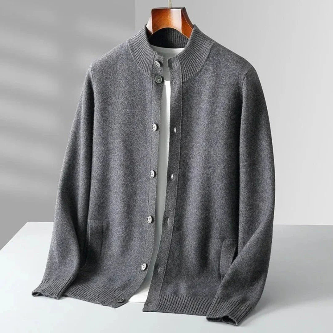 Orion men's navy Merino wool button-up cardigan with ribbed collar, classic slim fit